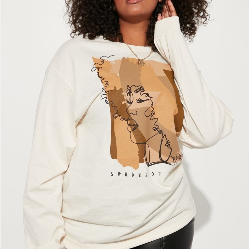 Fashion Nova Cream and Brown Graphic Long Sleeve Tee